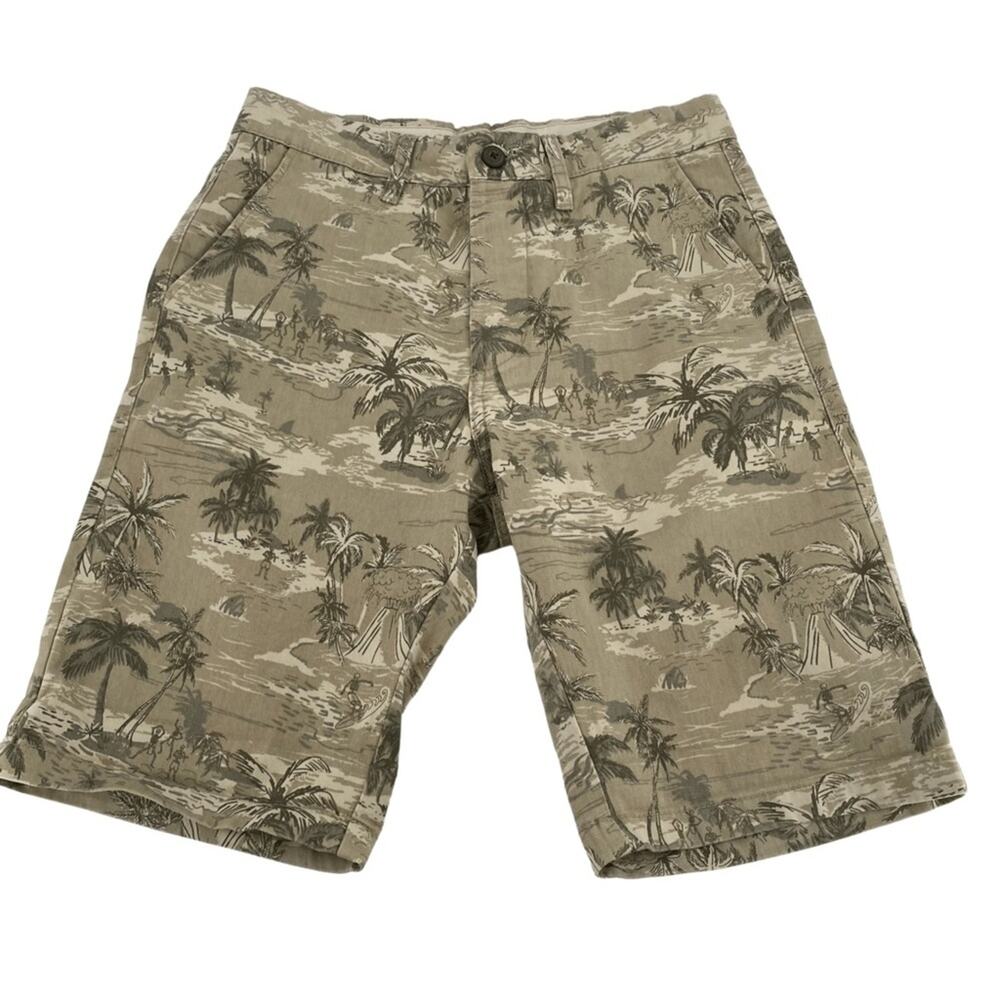Camo colored shorts with tropical scenes with surfing skeletons men’s size 28